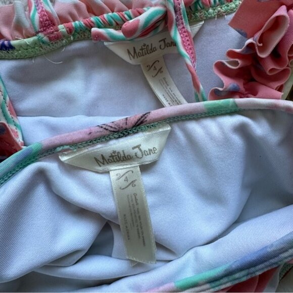 Matilda Jane | Aqua & Pink Floral Cannonball & Seashells Bikini Set | Size 4 - Picture 8 of 12